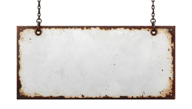 Aged metallic signboard hangs from chains showcasing rusted texture against transparency - Powered by Adobe
