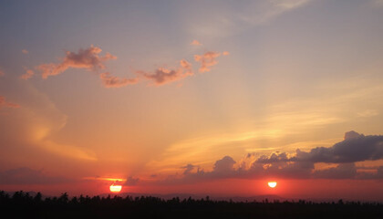 Fototapeta premium Fiery Sun Descending On Vast Jungle Sky Painting