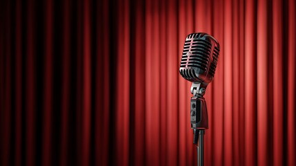 Vintage microphone on stage with red curtain in the background