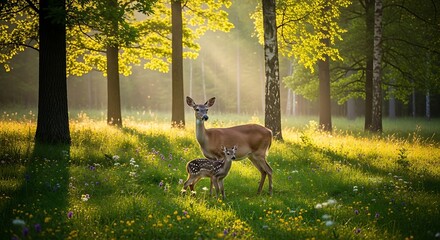 Two deer, a mother and her fawn, stand amidst a meadow bathed in golden sunlight filtering through a forest.