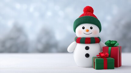Obraz premium Cheerful snowman wearing a red and green hat and scarf stands beside colorful wrapped gifts on a snowy surface, creating a festive winter holiday atmosphere