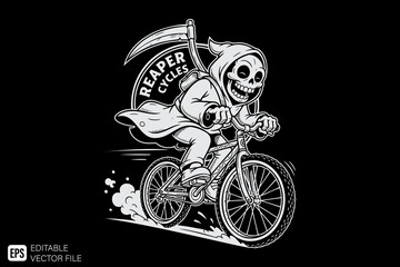 Grim Reaper Skeleton Riding Bicycle with Scythe and Reaper Cycle