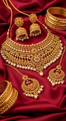Luxurious gold jewelry set, featuring a choker necklace, earrings, bangles, and a maang tikka, with intricate detailing and pearls, presented against a deep crimson background.