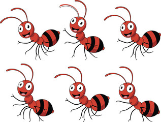 Cartoon ant character set, playful insect illustration, red and black bug clipart, animated poses vector, isolated white background, educational graphics
