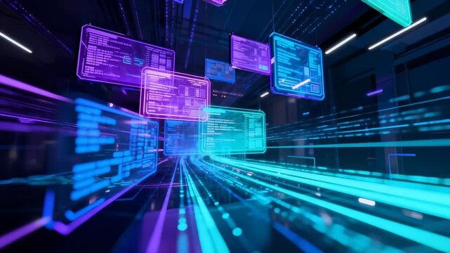 Virtual digital interface with floating holographic screens displaying code and data streams. Cyber network visualization with dynamic blue and purple color gradient, motion blur effect - Powered by Adobe