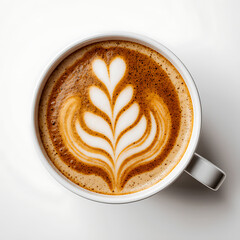 Cappuccino with latte art foam in white ceramic cup on flat surface  