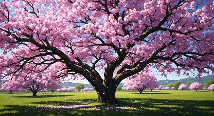A vast expanse of springtime beauty, showcasing a large flowering tree with numerous blossoms, dotted with other flowering trees, against a backdrop of rolling hills.