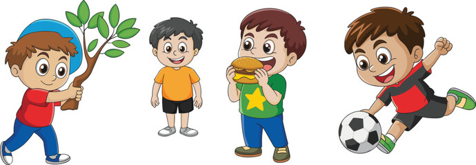 Cartoon boys activity set, childhood behavior illustration, playful character collection, nature and sports clipart, eating and smiling vector, isolated background