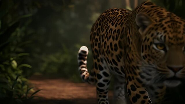 A leopard prowls a sunlit jungle path, its spotted coat gleaming amid dense green foliage. in shade