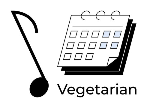 Musical note beside an illustrated calendar, labeled Vegetarian. Ideal for diet, lifestyle, time management, meal planning, music scheduling, creativity and cultural events. Simple flat metaphor