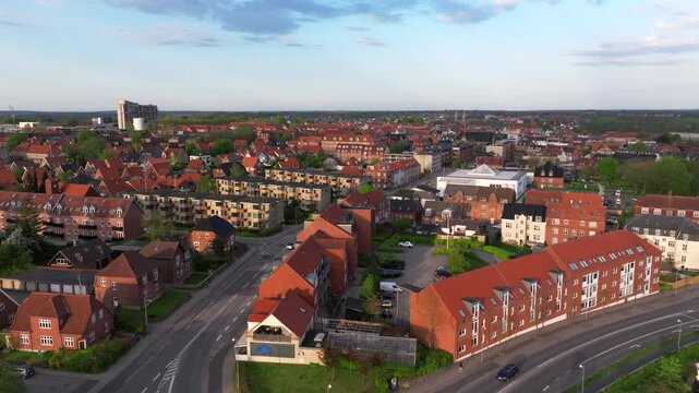 Summer panorama of Viborg, Midtjylland, Denmark. Aerial skyline view of the old town. Viborg ancient cathedral in the middle of Denmark, Traditional danish architecture. Street in Viborg, 