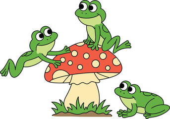 Cartoon frogs and mushroom, playful nature illustration, cute amphibian characters, red spotted toadstool, green grass scene, vector clipart, isolated white background