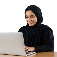 Illustration of arab woman working on laptop isolated on transparent background