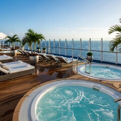 A spacious outdoor deck area with hot tubs, sun loungers, and panoramic ocean views offers a luxurious retreat.
