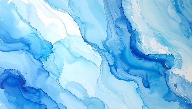 “Fluid blue and white watercolor abstract with flowing, marble-like waves and soft gradient textures.”