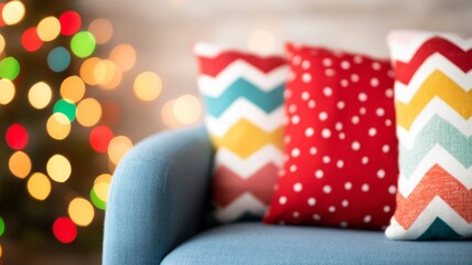 Obraz premium Bright decorative pillows on cozy blue sofa with blurred Christmas lights, festive home interior concept
