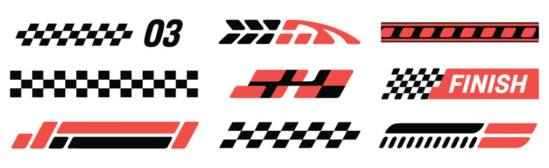 Motorsport racing car stripes set with checkered flags, motocross labels, speed stripes, dynamic lines, sport decals and drift stickers for car, bike, truck and vehicle tuning design