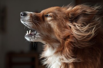 An expressive side close-up of a reddish-brown dog barking or growling with an open mouth and visible teeth, with dramatic lighting against a dark background