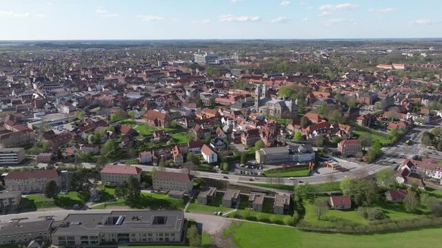 Summer panorama of Viborg, Midtjylland, Denmark. Aerial skyline view of the old town. Viborg ancient cathedral in the middle of Denmark, Traditional danish architecture. Street in Viborg, 