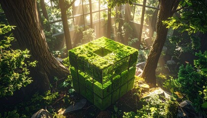 Eco-Collaboration Team Building Green Block Prism in Sunlit Forest Office with Windows