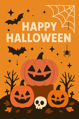 Happy Halloween Illustration with Smiling Pumpkins, Skull, Bats, and Spider Web on Orange Background