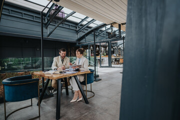 Two individuals working together on a project in a professional office environment