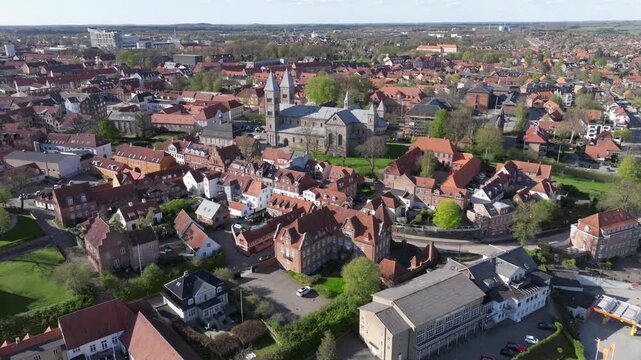 Summer panorama of Viborg, Midtjylland, Denmark. Aerial skyline view of the old town. Viborg ancient cathedral in the middle of Denmark, Traditional danish architecture. Street in Viborg, 