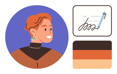 Side portrait of a person wearing earrings, next to a handwritten signature with a pen and a three-tone color palette. Ideal for branding, identity, creativity, personalization, design, handwriting