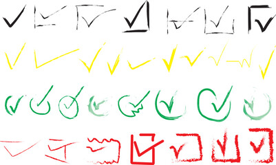 Collection of hand drawn check mark symbols and boxes in various styles and colors