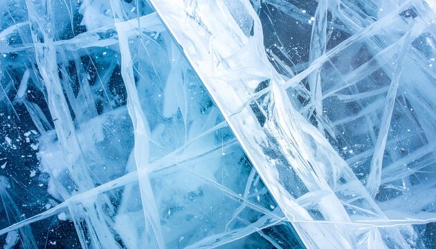 Close-up of cracked blue and white ice with intersecting fissures and transparent layers, revealing depth, texture, and natural geometric beauty.