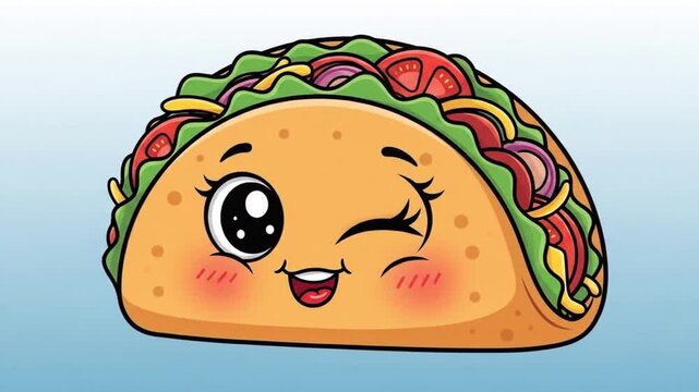 A smiling taco cartoon with lettuce cheese tomato  red onion fillings on a light blue gradient background