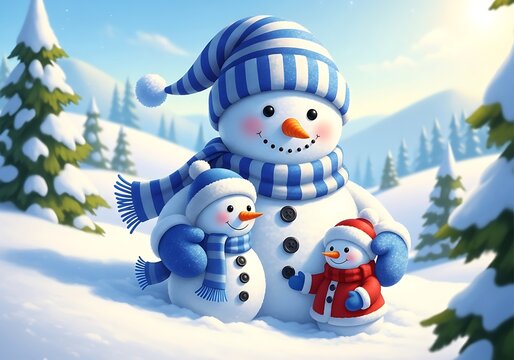 Corri seizinger a family of snowmen, large parent and two small children, in a sunny winter landscape