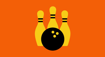 Stylized bowling pins and ball over a vibrant orange background design