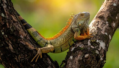 A vibrant green iguana with orange spines rests on a textured tree branch, basking in the warm sunlight filtering through the lush green foliage