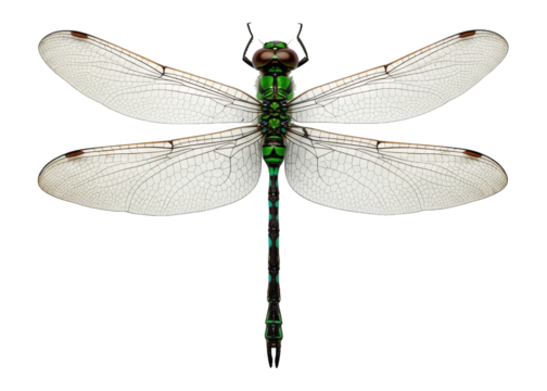 Detailed view of a green dragonfly with transparent wings against black.