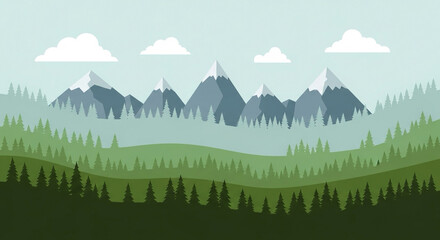Obraz premium Flat vector of layered forest landscape with mountains and clouds.