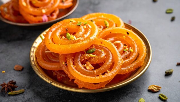 Bright orange jalebis in spiral shapes on a plate, glossy with sugar syrup and garnished with pistachios, celebrating festive sweetness and tradition.