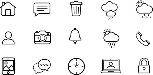 A set of minimalist line icons featuring symbols like home, message, trash, cloud, camera, and more on a clean white backdrop surface