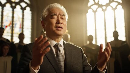 Man sings in church choir. Singer leads hymn gospel song. Choir stands behind and joins worship. Sunlight pours through stained glass during prayer. Congregation listens during service. Soft emotion. - Powered by Adobe