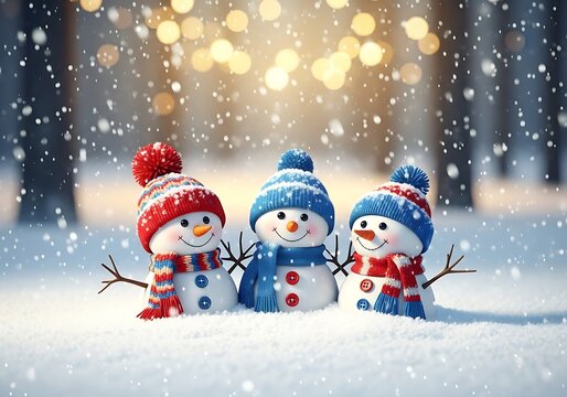 Corri seizinger three cute snowmen in knitted hats and scarves stand in a snowy forest with bokeh lights