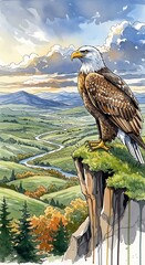Majestic bald eagle perches atop a craggy cliff overlooking a scenic valley at dawn, showcasing a picturesque landscape of rolling hills, a winding river, and vibrant autumn foliage.