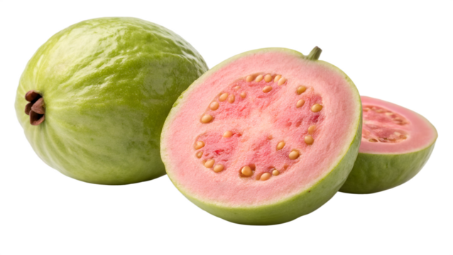 Fresh pink guava fruit, one whole and one cut in half, isolated on transparent background