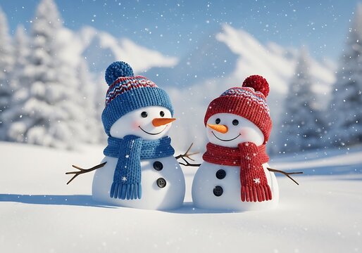 Corri seizinger two cute snowmen wearing knitted hats and scarves stand together in a snowy winter landscape