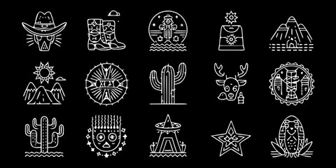 Collection of stylized western and desert themed icons in white outline on black background