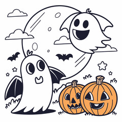Halloween Coloring Page of Cute Spooky Buddies 