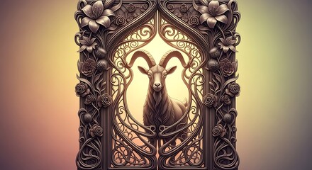 Ornate floral frame encloses a majestic goat, showcasing detailed carvings and warm tones.