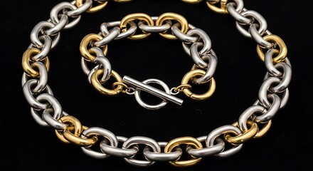 Obraz premium Elegant Two-Tone Chain Necklace and Bracelet Set on Black Background.