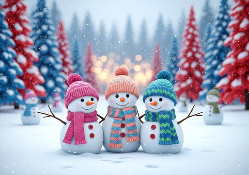 Corri seizinger three cheerful snowmen in colorful knitted hats and scarves stand in a festive winter forest