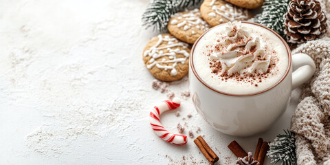Festive setup featuring a mug of hot chocolate topped with whipped cream, surrounded by pine cones, candy canes, and a snowflake cookie. Perfect for holiday-themed designs and promotions