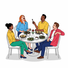 Group lunch at round table with diverse friends enjoying their meal and laughing during lunch, at restaurant. Casual group lunch shows people talking and eating together.